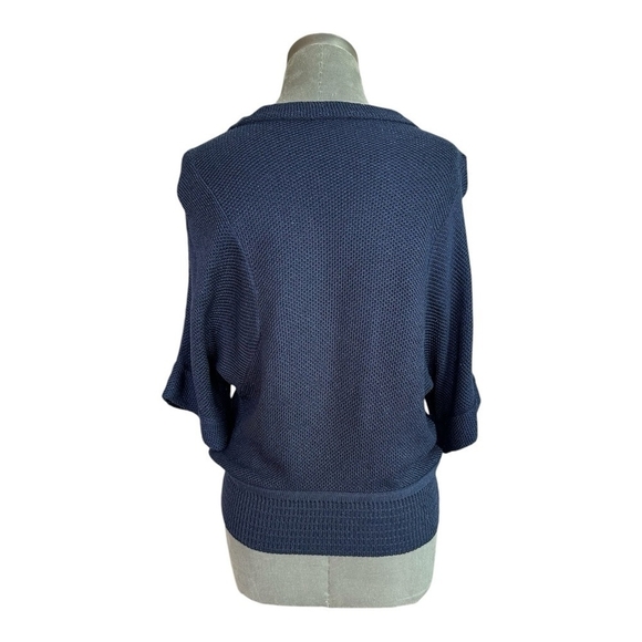 Women Sweater Navy Blue Rayon Blend Short Sleeve  Cardigan Button Front Sweater - Picture 4 of 6